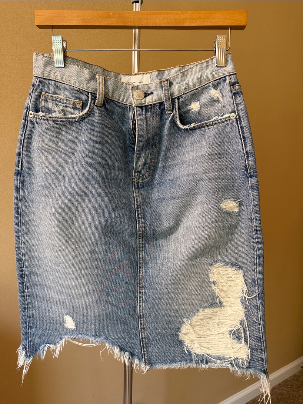 Current/Elliott Light Blue Distressed Denim Midi Skirt